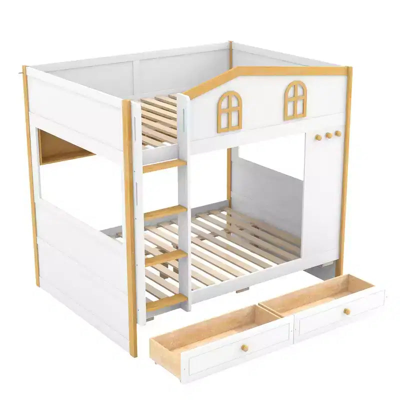 Whisen Bunk Bed with House-shaped Guardrails and Storage Shelves and Drawers or Trundle