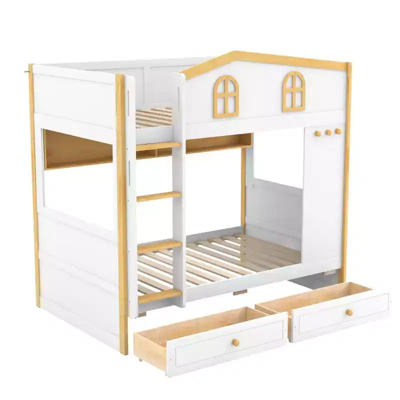 Whisen Bunk Bed with House-shaped Guardrails and Storage Shelves and Drawers or Trundle