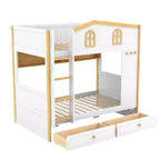 Whisen Bunk Bed with House-shaped Guardrails and Storage Shelves and Drawers or Trundle