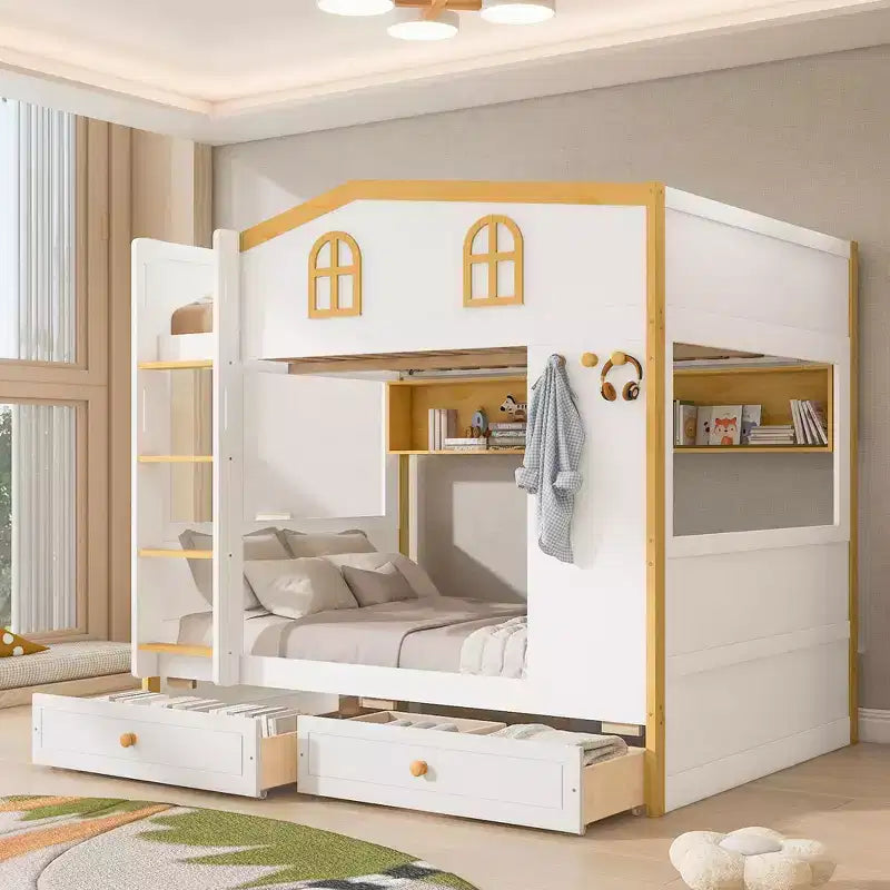Whisen Bunk Bed with House-shaped Guardrails and Storage Shelves and Drawers or Trundle