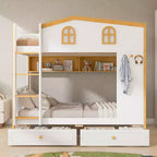 Whisen Bunk Bed with House-shaped Guardrails and Storage Shelves and Drawers or Trundle