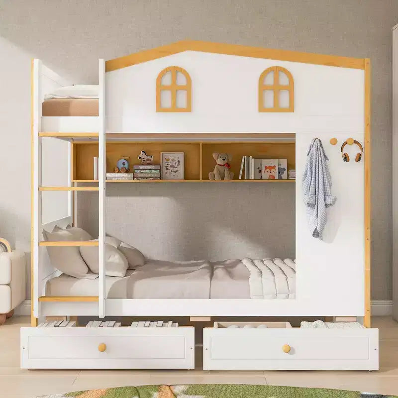 Whisen Bunk Bed with House-shaped Guardrails and Storage Shelves and Drawers or Trundle