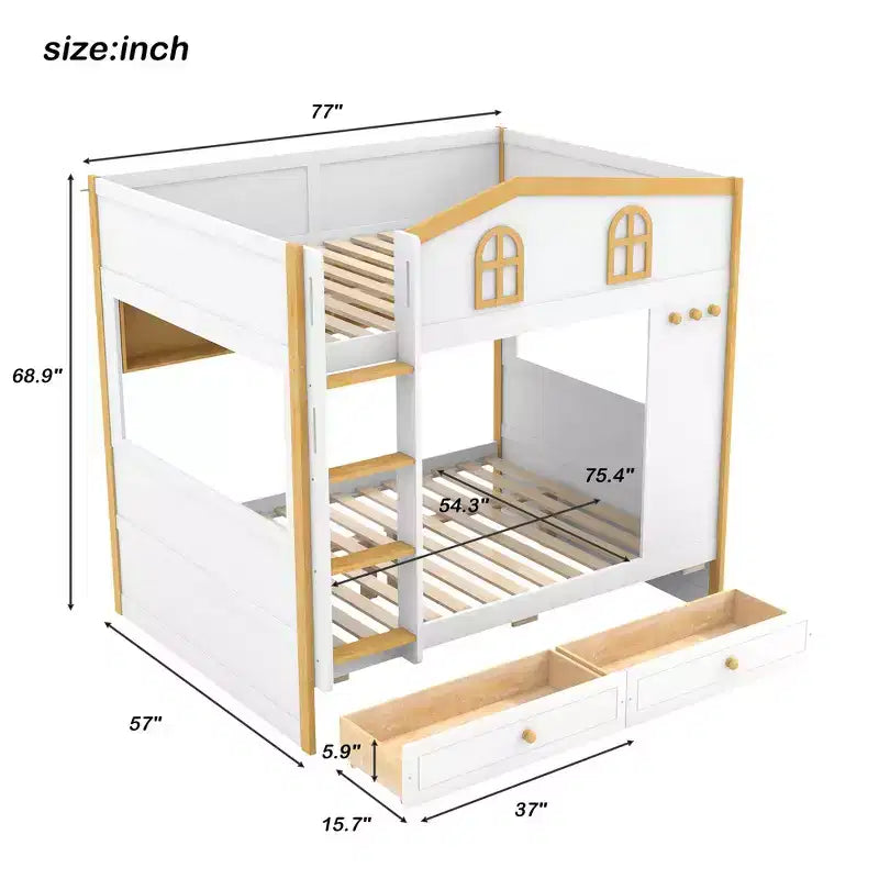 Whisen Bunk Bed with House-shaped Guardrails and Storage Shelves and Drawers or Trundle