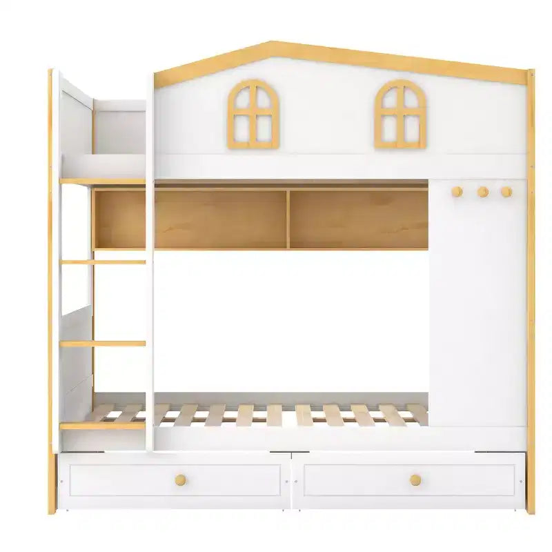 Whisen Bunk Bed with House-shaped Guardrails and Storage Shelves and Drawers or Trundle