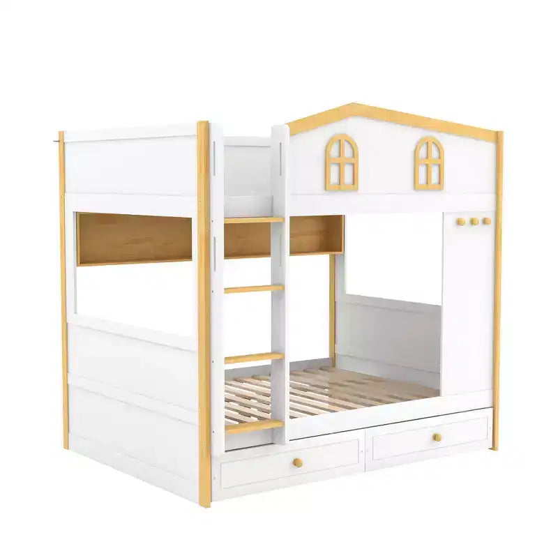 Whisen Bunk Bed with House-shaped Guardrails and Storage Shelves and Drawers or Trundle