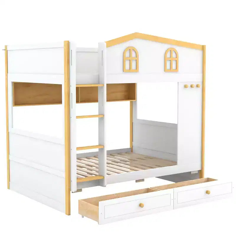 Whisen Bunk Bed with House-shaped Guardrails and Storage Shelves and Drawers or Trundle