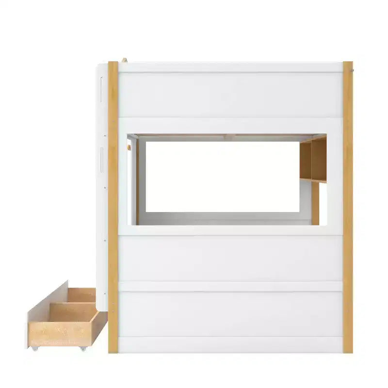 Whisen Bunk Bed with House-shaped Guardrails and Storage Shelves and Drawers or Trundle