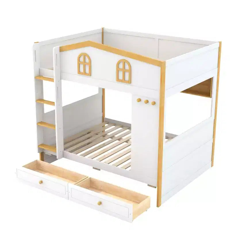 Whisen Bunk Bed with House-shaped Guardrails and Storage Shelves and Drawers or Trundle