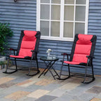 3 Piece Outdoor Patio Furniture Set with Glass Coffee Table & 2 Folding Padded Rocking Chairs, Bistro Style for Porch, Camping, Balcony