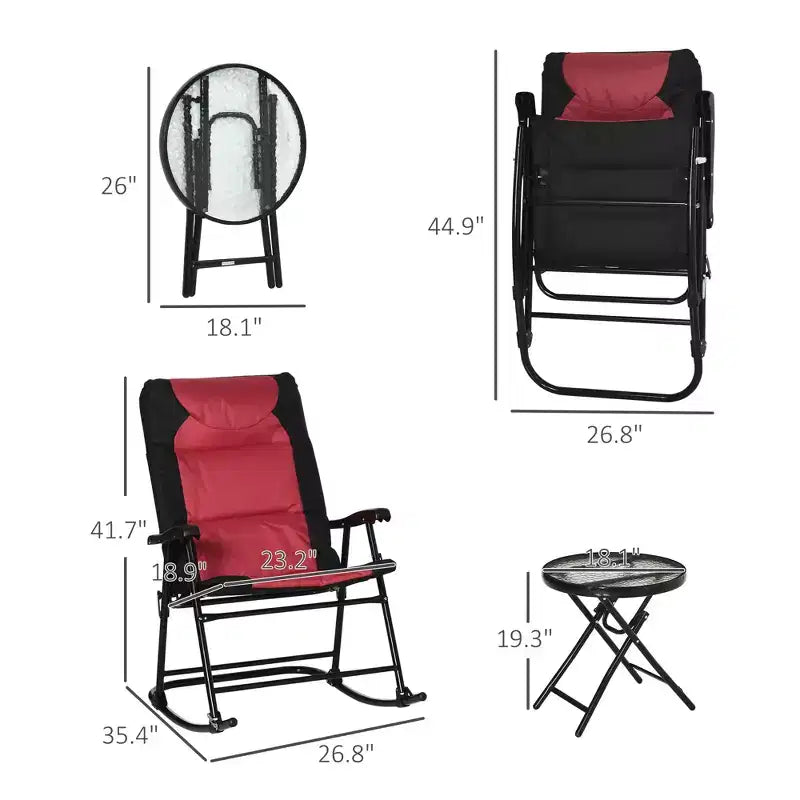 3 Piece Outdoor Patio Furniture Set with Glass Coffee Table & 2 Folding Padded Rocking Chairs, Bistro Style for Porch, Camping, Balcony