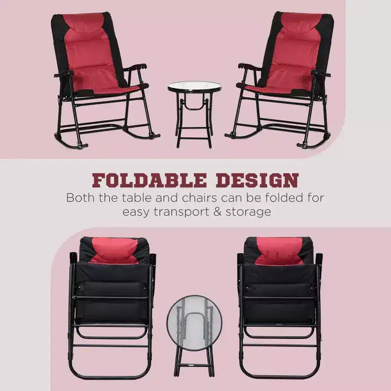 3 Piece Outdoor Patio Furniture Set with Glass Coffee Table & 2 Folding Padded Rocking Chairs, Bistro Style for Porch, Camping, Balcony