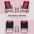 3 Piece Outdoor Patio Furniture Set with Glass Coffee Table & 2 Folding Padded Rocking Chairs, Bistro Style for Porch, Camping, Balcony