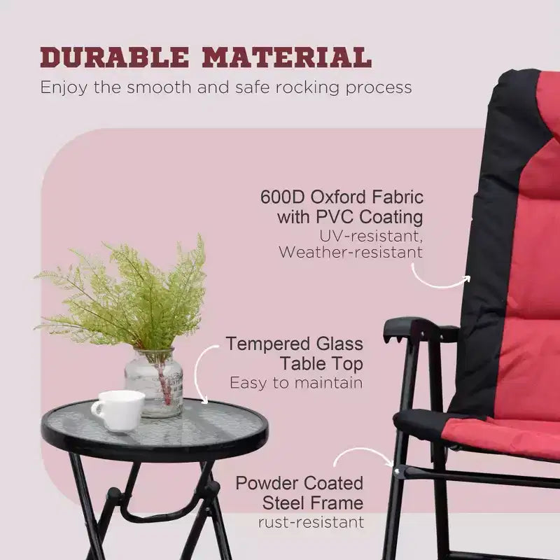 3 Piece Outdoor Patio Furniture Set with Glass Coffee Table & 2 Folding Padded Rocking Chairs, Bistro Style for Porch, Camping, Balcony