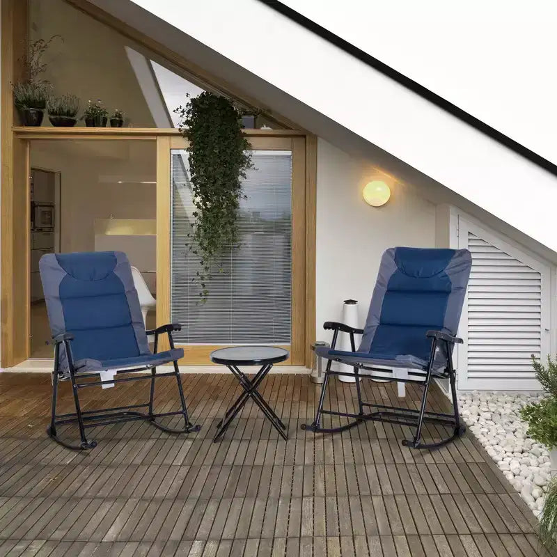 3 Piece Outdoor Patio Furniture Set with Glass Coffee Table & 2 Folding Padded Rocking Chairs, Bistro Style for Porch, Camping, Balcony