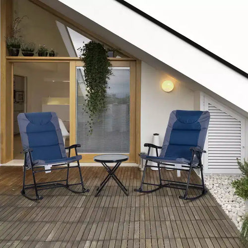 3 Piece Outdoor Patio Furniture Set with Glass Coffee Table & 2 Folding Padded Rocking Chairs, Bistro Style for Porch, Camping, Balcony