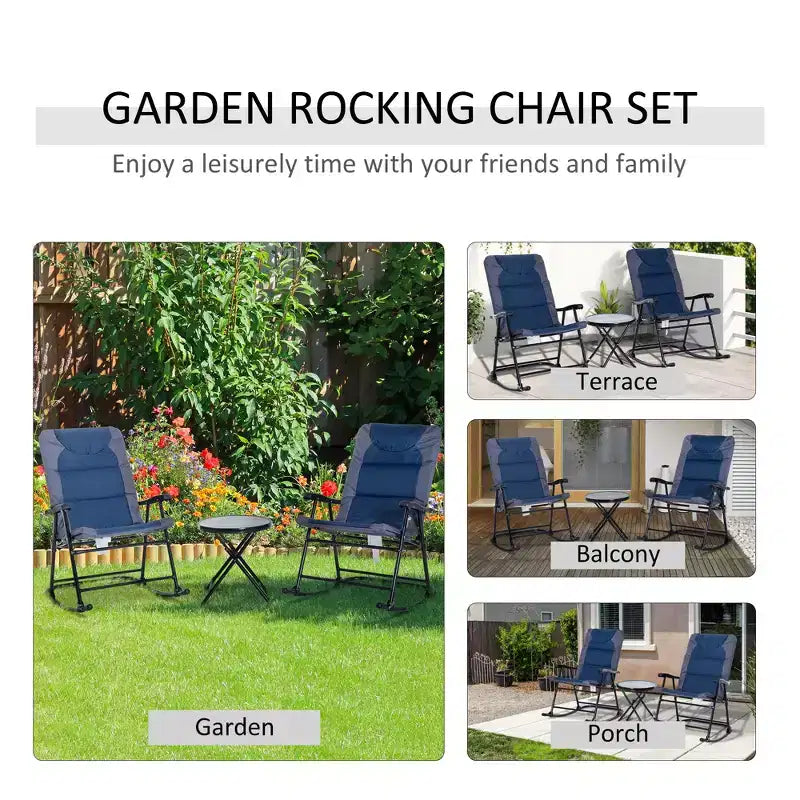 3 Piece Outdoor Patio Furniture Set with Glass Coffee Table & 2 Folding Padded Rocking Chairs, Bistro Style for Porch, Camping, Balcony