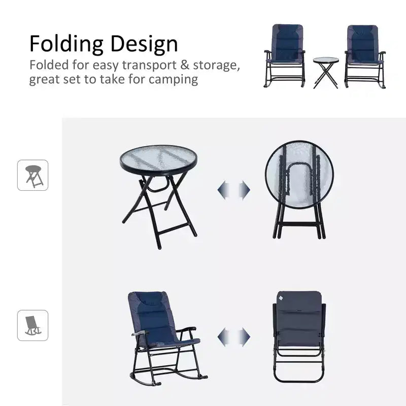 3 Piece Outdoor Patio Furniture Set with Glass Coffee Table & 2 Folding Padded Rocking Chairs, Bistro Style for Porch, Camping, Balcony
