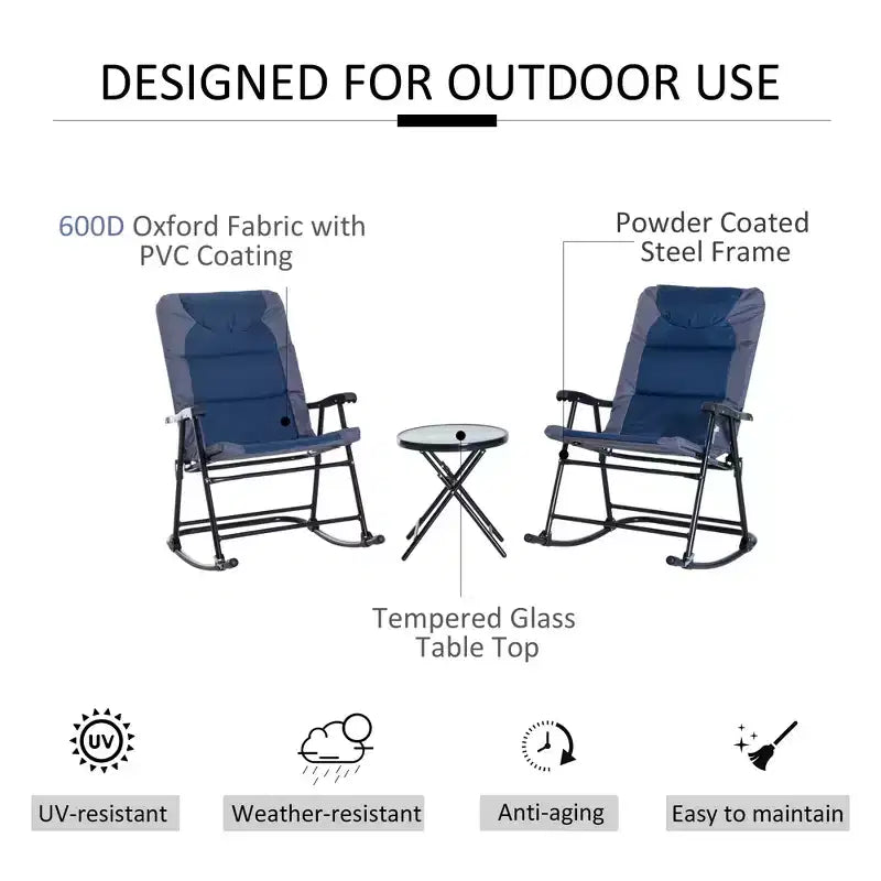 3 Piece Outdoor Patio Furniture Set with Glass Coffee Table & 2 Folding Padded Rocking Chairs, Bistro Style for Porch, Camping, Balcony