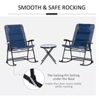 3 Piece Outdoor Patio Furniture Set with Glass Coffee Table & 2 Folding Padded Rocking Chairs, Bistro Style for Porch, Camping, Balcony