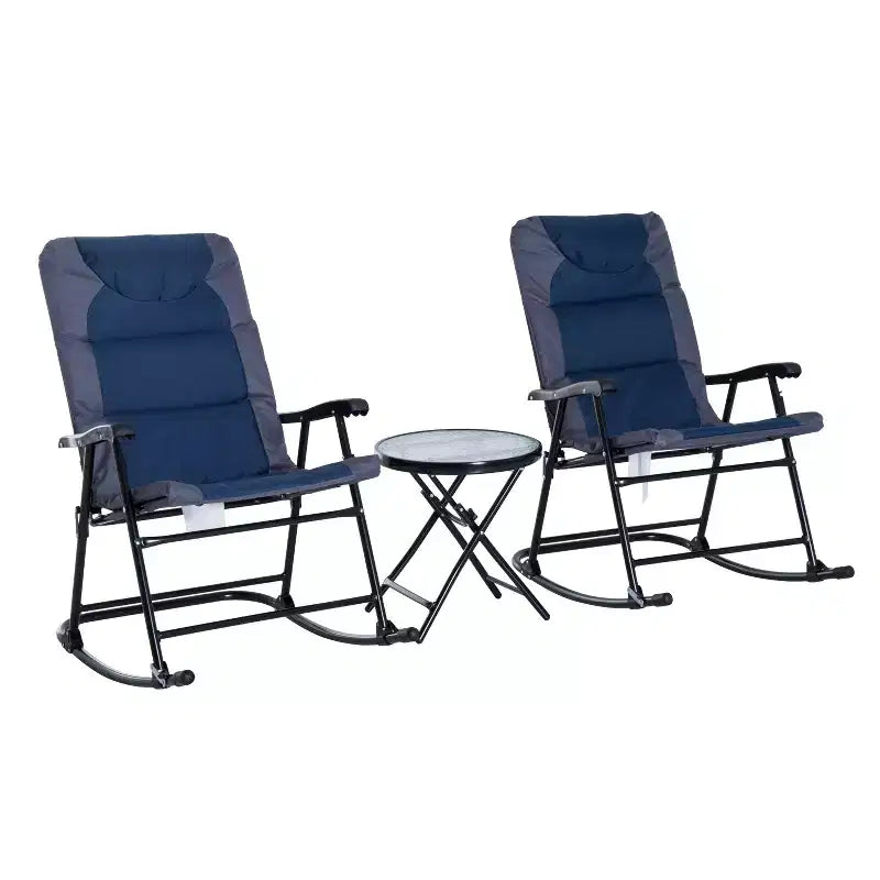 3 Piece Outdoor Patio Furniture Set with Glass Coffee Table & 2 Folding Padded Rocking Chairs, Bistro Style for Porch, Camping, Balcony