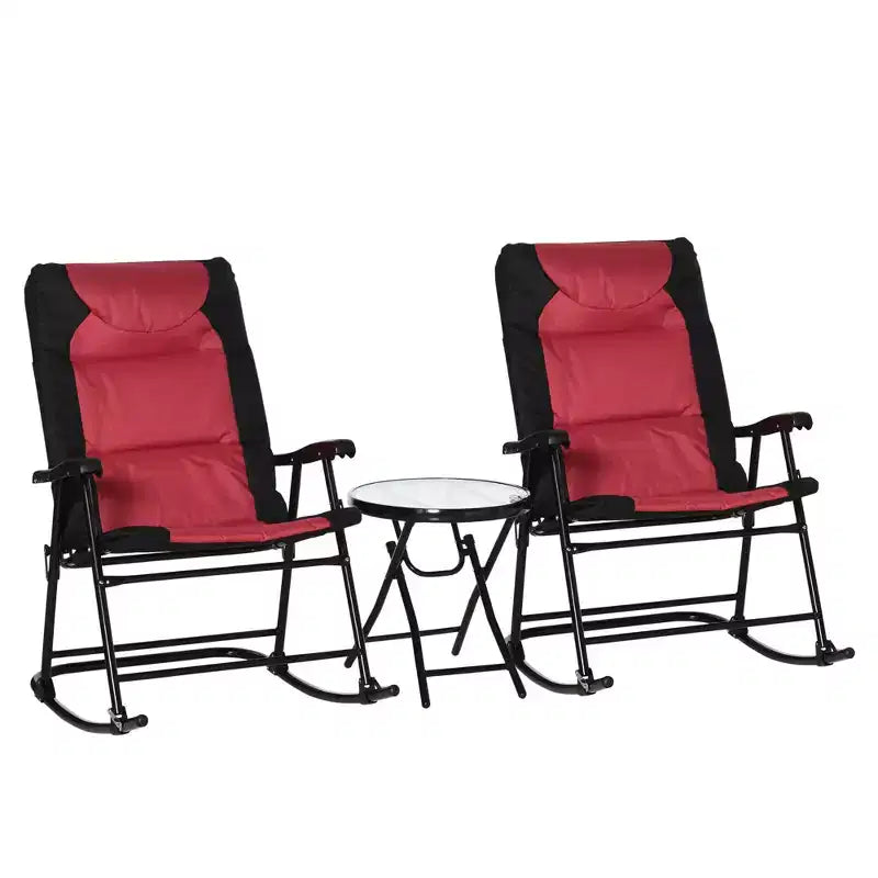 3 Piece Outdoor Patio Furniture Set with Glass Coffee Table & 2 Folding Padded Rocking Chairs, Bistro Style for Porch, Camping, Balcony