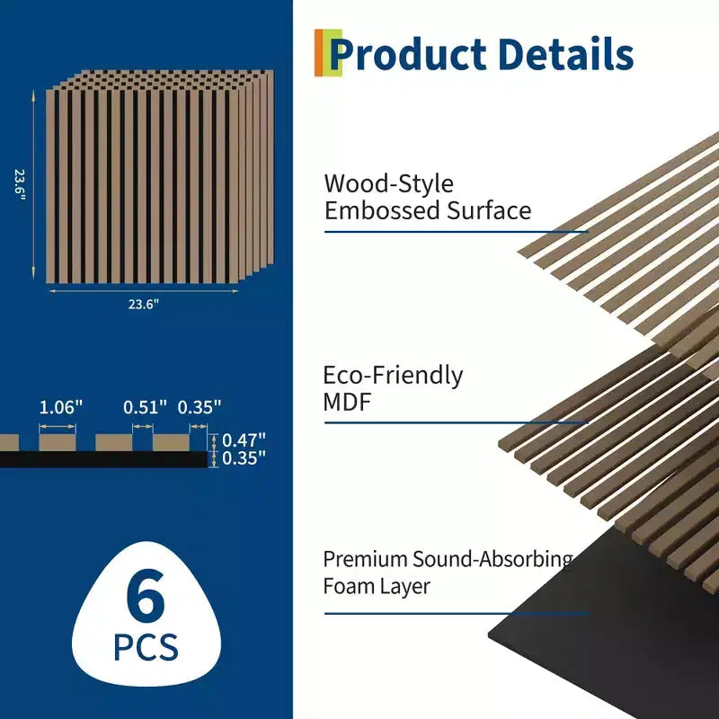 Acoustic Wooden Wall Panels 3D 23.6x23.6 Sound Absorbing Decorative Tiles Noise Reduction Modern Slat Design for Home Theater Office Studio Bedroom