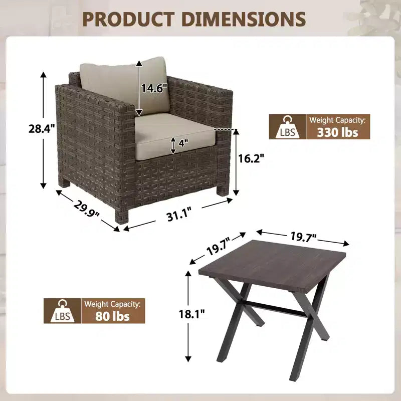 EAGLE PEAK 3 PCS Wide-Woven Wicker Patio Bistro Set, Outdoor Armchairs & Side Table, Weather Resistant Furniture Set, Brown/Beige
