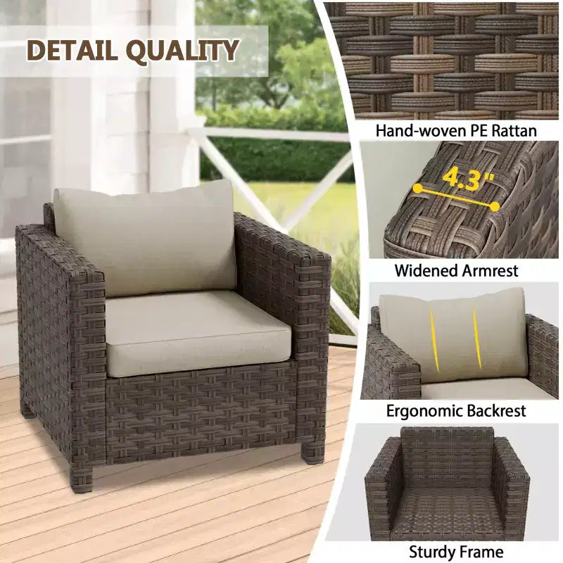 EAGLE PEAK 3 PCS Wide-Woven Wicker Patio Bistro Set, Outdoor Armchairs & Side Table, Weather Resistant Furniture Set, Brown/Beige
