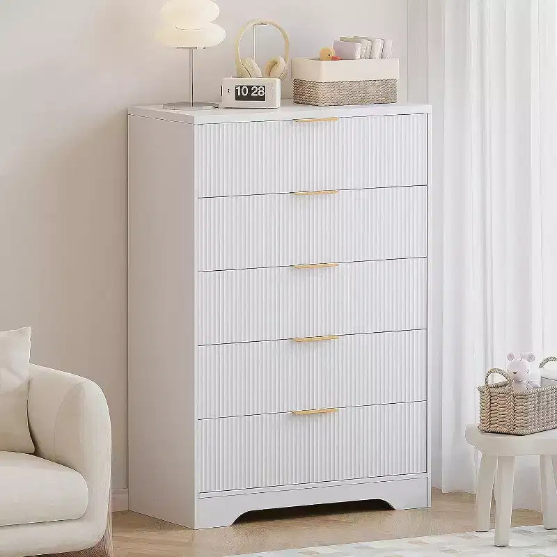 5 Drawers Tall Dresser, Modern Wood Chest of Drawers with Smooth Slides & Gold Metal Handles, 31.5 Storage Cabinet for Bedroom,Living Room,Entryway