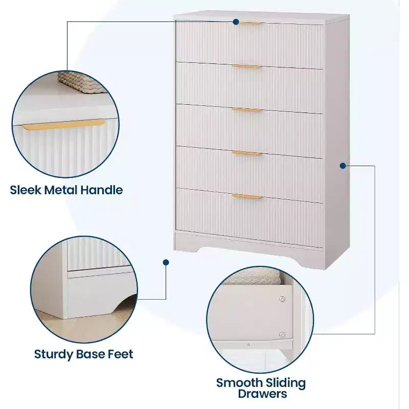 5 Drawers Tall Dresser, Modern Wood Chest of Drawers with Smooth Slides & Gold Metal Handles, 31.5 Storage Cabinet for Bedroom,Living Room,Entryway