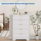 5 Drawers Tall Dresser, Modern Wood Chest of Drawers with Smooth Slides & Gold Metal Handles, 31.5 Storage Cabinet for Bedroom,Living Room,Entryway