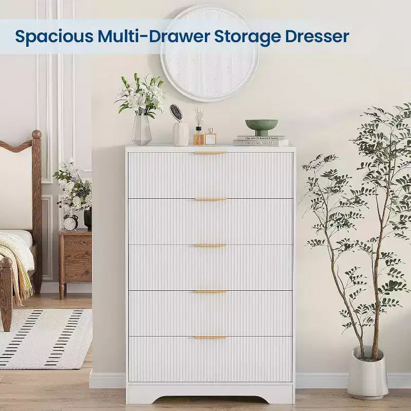 5 Drawers Tall Dresser, Modern Wood Chest of Drawers with Smooth Slides & Gold Metal Handles, 31.5 Storage Cabinet for Bedroom,Living Room,Entryway