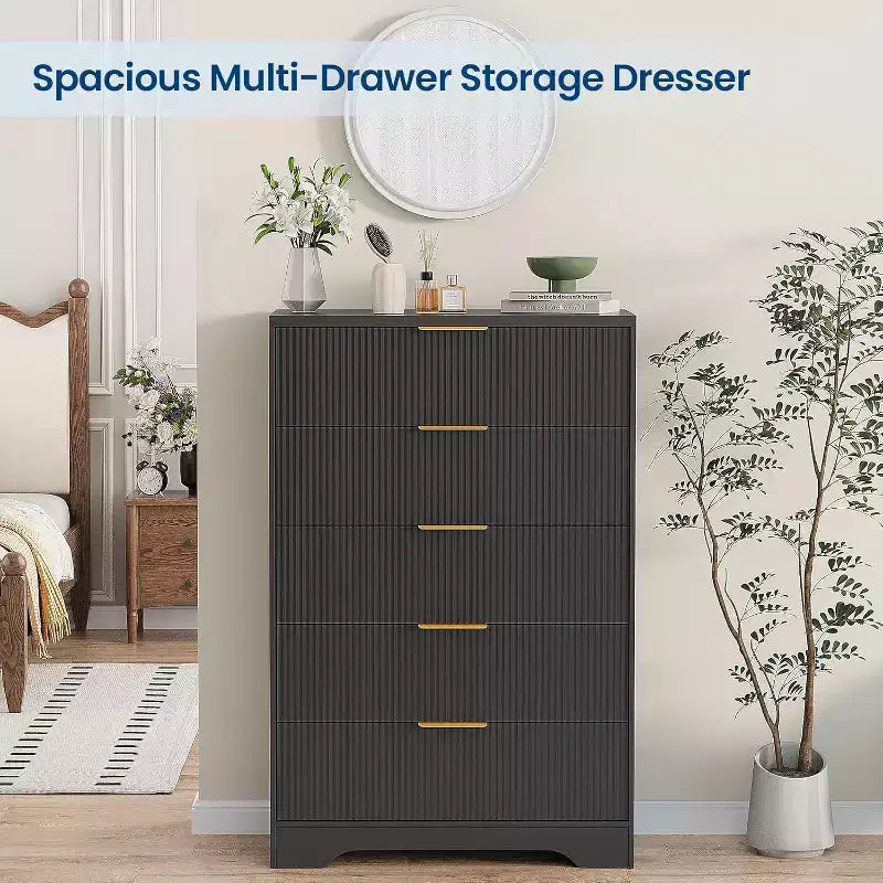 5 Drawers Tall Dresser, Modern Wood Chest of Drawers with Smooth Slides & Gold Metal Handles, 31.5 Storage Cabinet for Bedroom,Living Room,Entryway