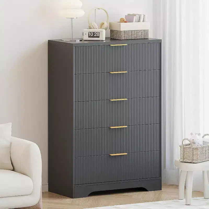 5 Drawers Tall Dresser, Modern Wood Chest of Drawers with Smooth Slides & Gold Metal Handles, 31.5 Storage Cabinet for Bedroom,Living Room,Entryway