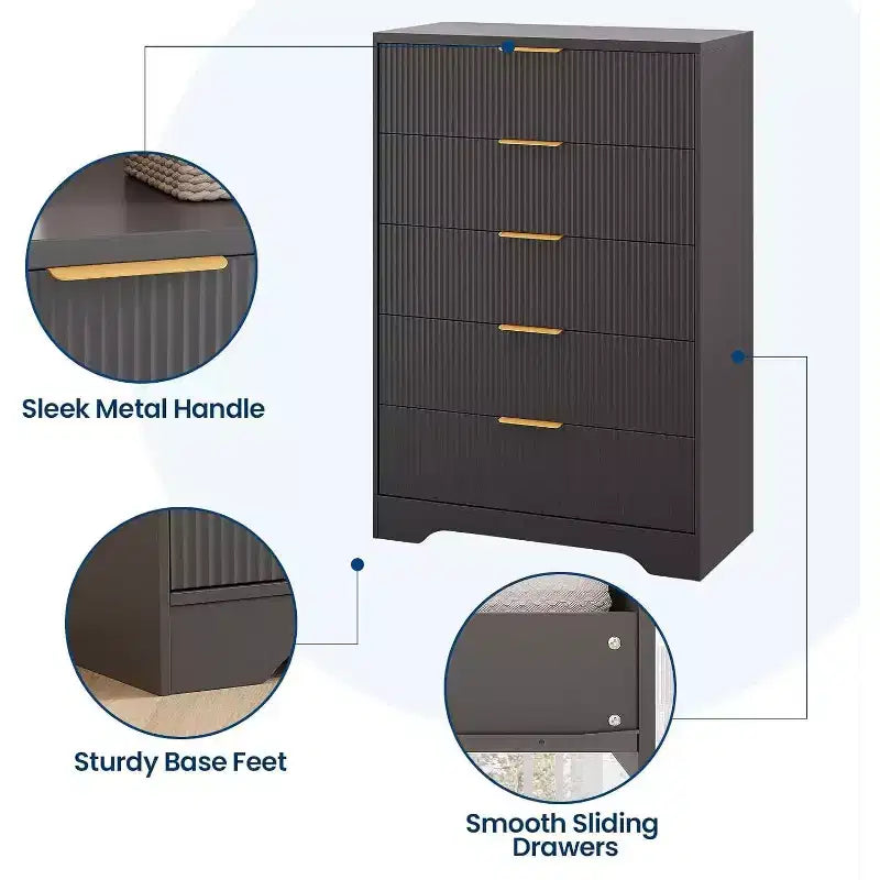 5 Drawers Tall Dresser, Modern Wood Chest of Drawers with Smooth Slides & Gold Metal Handles, 31.5 Storage Cabinet for Bedroom,Living Room,Entryway