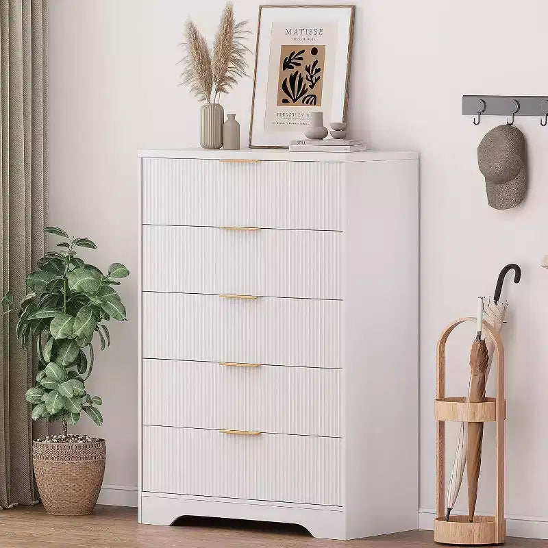 5 Drawers Tall Dresser, Modern Wood Chest of Drawers with Smooth Slides & Gold Metal Handles, 31.5 Storage Cabinet for Bedroom,Living Room,Entryway