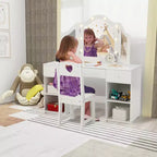 Kids Vanity with Lights, Princess Makeup Vanity Desk with Storage Cabinet Touch Light Detachable Tri-Folding Mirror, 2 in 1 Vanity Table, White