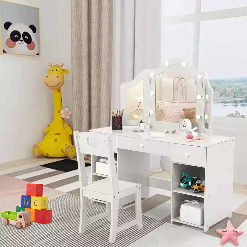 Kids Vanity with Lights, Princess Makeup Vanity Desk with Storage Cabinet Touch Light Detachable Tri-Folding Mirror, 2 in 1 Vanity Table, White