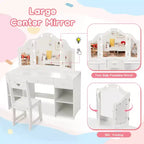 Kids Vanity with Lights, Princess Makeup Vanity Desk with Storage Cabinet Touch Light Detachable Tri-Folding Mirror, 2 in 1 Vanity Table, White