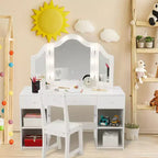 Kids Vanity with Lights, Princess Makeup Vanity Desk with Storage Cabinet Touch Light Detachable Tri-Folding Mirror, 2 in 1 Vanity Table, White