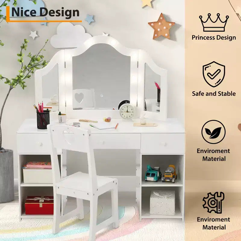 Kids Vanity with Lights, Princess Makeup Vanity Desk with Storage Cabinet Touch Light Detachable Tri-Folding Mirror, 2 in 1 Vanity Table, White