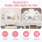 Kids Vanity with Lights, Princess Makeup Vanity Desk with Storage Cabinet Touch Light Detachable Tri-Folding Mirror, 2 in 1 Vanity Table, White