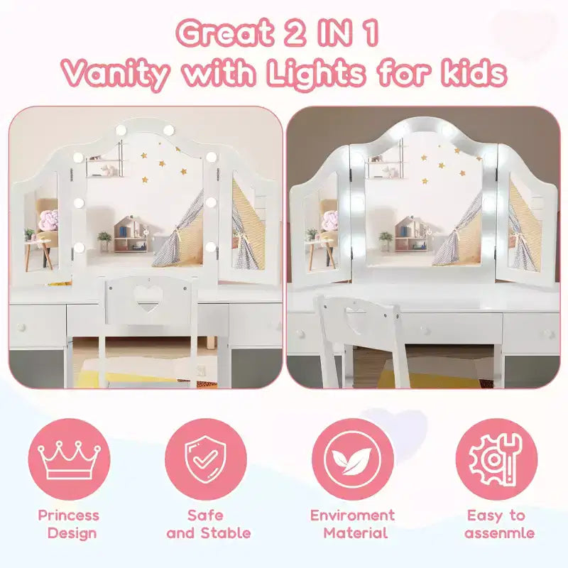Kids Vanity with Lights, Princess Makeup Vanity Desk with Storage Cabinet Touch Light Detachable Tri-Folding Mirror, 2 in 1 Vanity Table, White