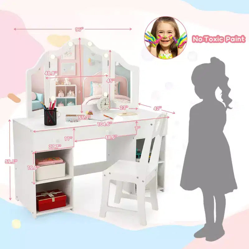 Kids Vanity with Lights, Princess Makeup Vanity Desk with Storage Cabinet Touch Light Detachable Tri-Folding Mirror, 2 in 1 Vanity Table, White