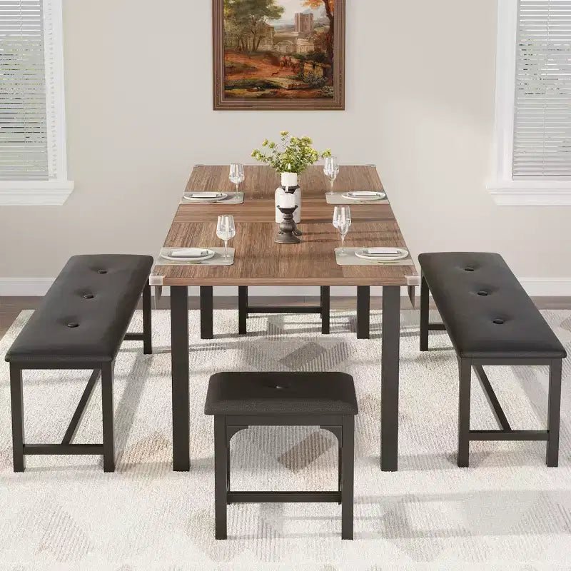 Space-Saving Extendable Dining Set For 4-8, 63 Multi-Functional Table with Benches & Stools, Waterproof, Mark-Resistant, Modern Mid-Century Style
