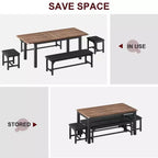 Space-Saving Extendable Dining Set For 4-8, 63 Multi-Functional Table with Benches & Stools, Waterproof, Mark-Resistant, Modern Mid-Century Style