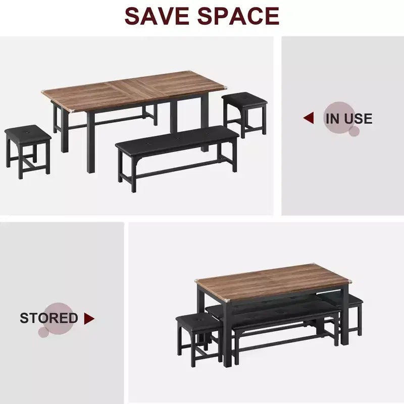 Space-Saving Extendable Dining Set For 4-8, 63 Multi-Functional Table with Benches & Stools, Waterproof, Mark-Resistant, Modern Mid-Century Style