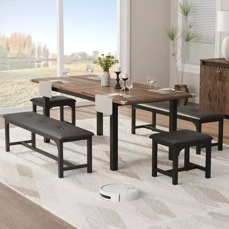 Space-Saving Extendable Dining Set For 4-8, 63 Multi-Functional Table with Benches & Stools, Waterproof, Mark-Resistant, Modern Mid-Century Style