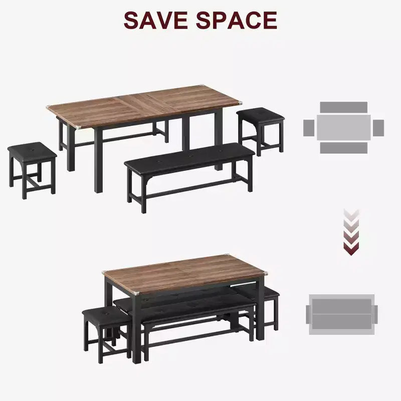 Space-Saving Extendable Dining Set For 4-8, 63 Multi-Functional Table with Benches & Stools, Waterproof, Mark-Resistant, Modern Mid-Century Style