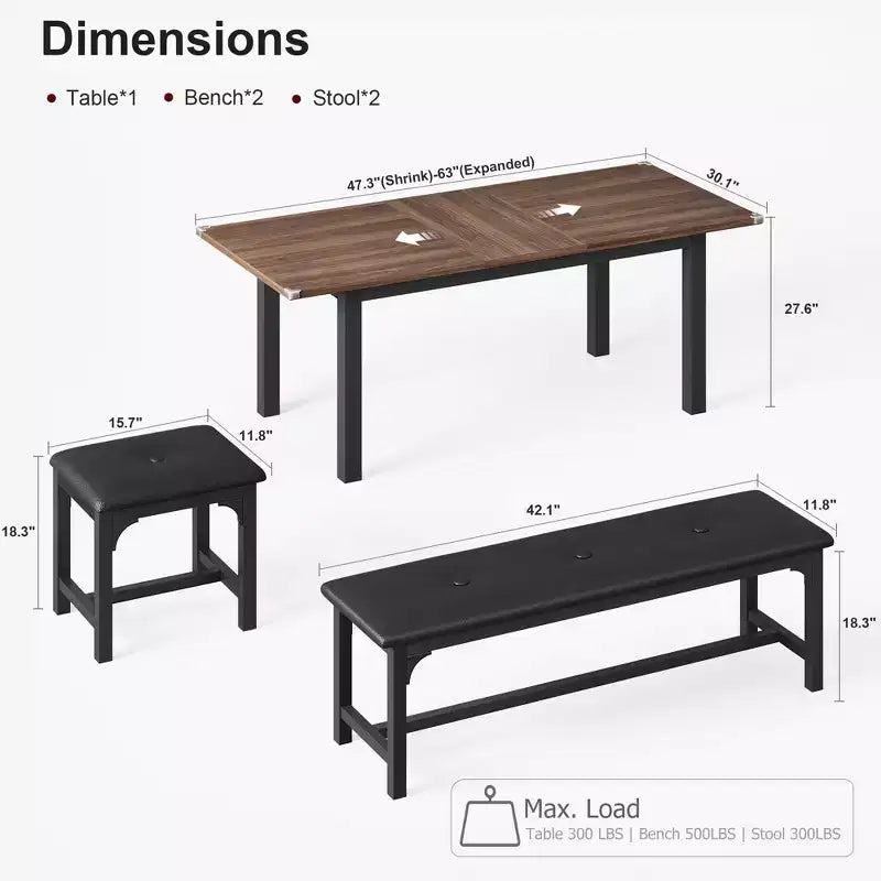 Space-Saving Extendable Dining Set For 4-8, 63 Multi-Functional Table with Benches & Stools, Waterproof, Mark-Resistant, Modern Mid-Century Style